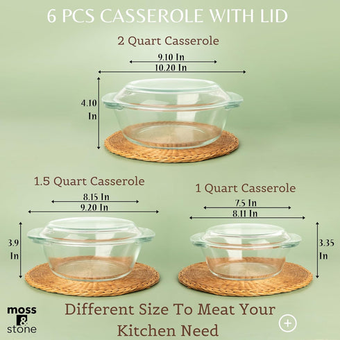 Moss & Stone Basics 6-Piece Clear Glass Casserole Dishes with Lids, Durable Borosilicate Bakeware Set