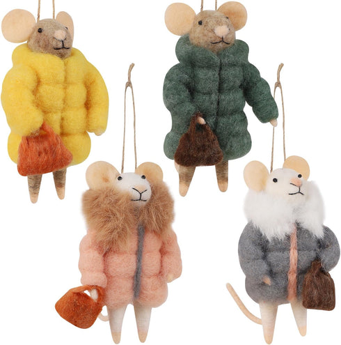 Set of 4 Christmas Felt Mice Ornaments - 4.7" Mini Hanging Wool Mouse Figurines for Holiday Decor