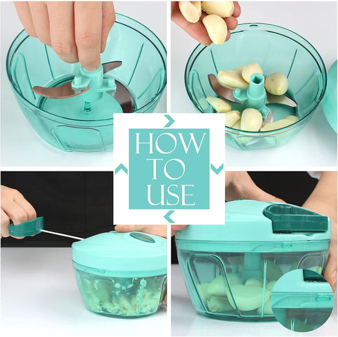 Ourokhome Manual Food Processor Vegetable Chopper, Portable Hand Pull String Garlic Mincer, 500ml, Blue