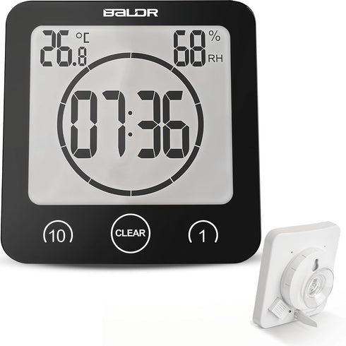 BALDR Digital Shower Clock with Timer - Black, Water-Resistant Countdown Timer Clock for Shower, Bathroom