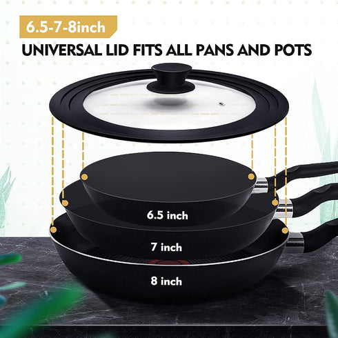 Universal Pot Lid with Heat Resistant Silicone Rim and Tempered Glass, Fits 6.5", 7", 8" Diameter Pans and Skillets