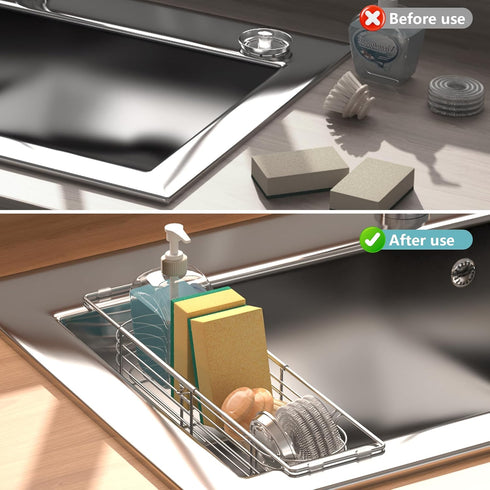 Ahonnpely 13.4" 17.1", Sink Caddy Sponge Holder Kitchen Sink Organizer, Telescopic sink organizer rack for kitchen