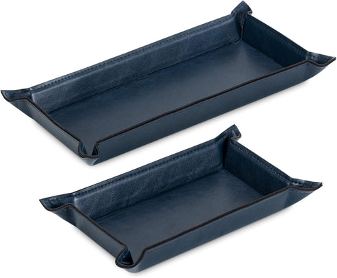 Navaris Faux Leather Tray Set - 2 Navy Blue Valet Organizer Trays for Bedside Table, Night Stand, Desk Storage