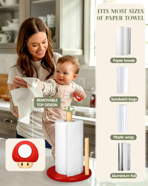 Kitchen Paper Towel Holder - Rustic Wooden Bamboo Stand, Cute Vertical Countertop Holder for Decorative Table Top