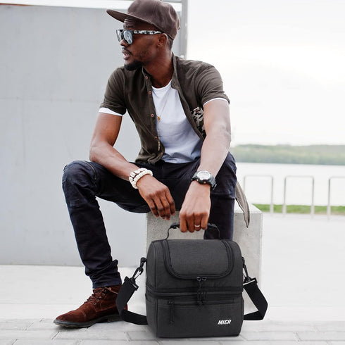 MIER Large Insulated Lunch Box - Dark Grey Cooler Tote Bag for Men, Women, Double Deck Cooler
