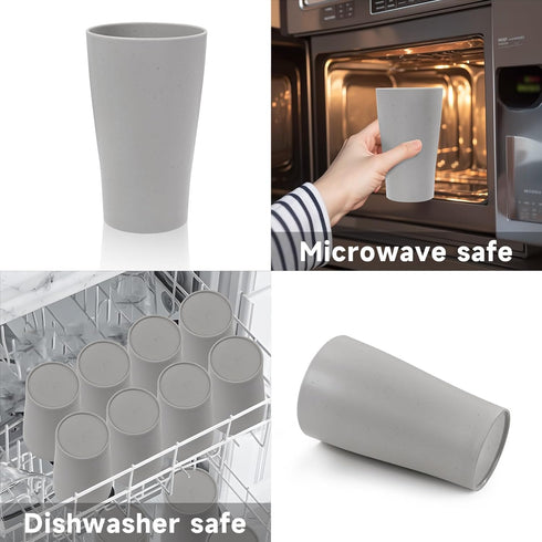 EI 15oz Wheat Straw Cups, 8pcs Grey Plastic Reusable Cups, Unbreakable, Dishwasher & Microwave Safe Tumbler Glasses