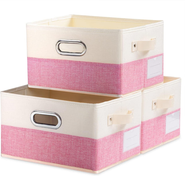 PRANDOM Foldable Storage Bins for Closet, 3-pack Decorative Fabric Storage Baskets with Leather/Metal Handles for