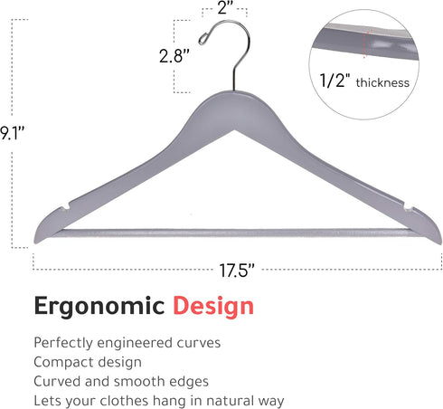 Quality Wooden Hangers Set of 10-Pack - Slightly Curved Solid Wood Coat Hangers with Stylish Chrome Hooks (Gray, 10)