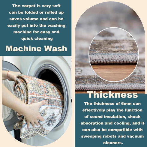 Retro Washable Area Rug 3'x5' for Living Room, Boho Chic Medallion Distressed Design, Indoor Non-Slip Large Oriental