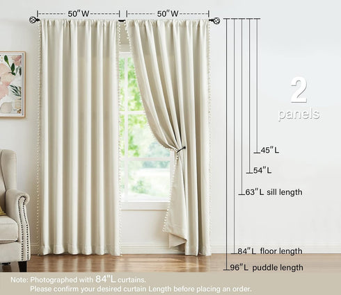 Treatmentex Pompom Window Curtain Panels, Natural 45" Long Ivory Curtain Drapes for Small Windows