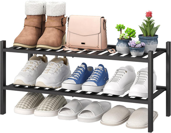 viewcare 2-Tier Black Bamboo Shoe Rack for Entryway, Stackable | Foldable |