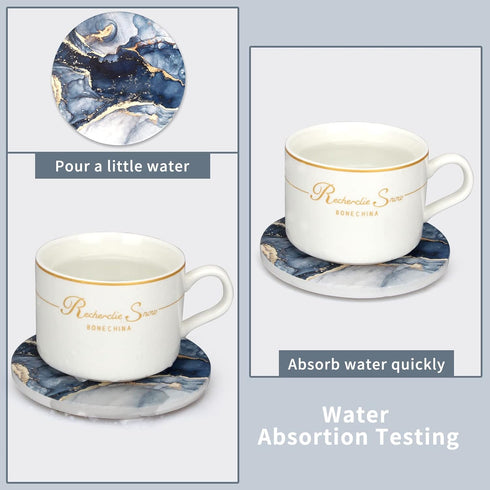 Dksyee Set 6, Set, Coasters of Navy Blue Marble Abstract Round Ceramic Coasters with Holder, Best Absorbent Drink