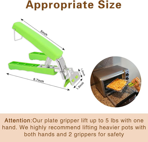 2 Pack Hot Plate Gripper Clips Holder Tongs for Moving Hot Plates, Bowls, Pizza Pan, Green