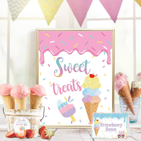 Ice Cream Bar Decor Kit, Summer Ice Cream Sundae Bar Glitter Banner, Food Labels for Party Supplies