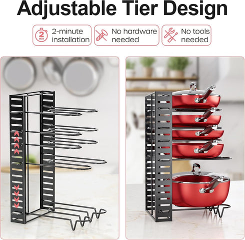 MUDEELA Pots and Pans Organizer Rack, 8-Tier Kitchen Storage Pot Racks, Adjustable Organizers with 3 DIY Methods