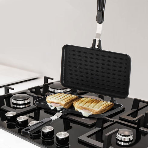 SOUJOY Sandwich Maker, Non-stick Grill Panini Maker with Handle, Stovetop Toasted Aluminum Flip Pan for Indoor Outdoor
