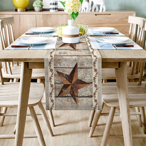 Burlap Table Runner, 70 Inches Long, Western Texas Star Rustic Wood Pattern for Wedding Party Decor