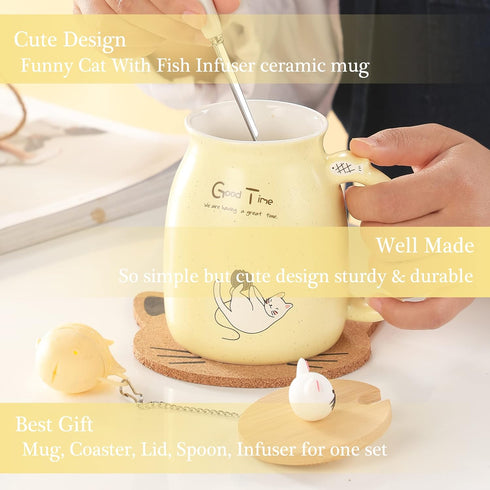 BigNoseDeer Ceramic Tea Cup with Infuser and Lid, Kawaii Cat Mug, Cute Gifts for Women, Girls (13oz)