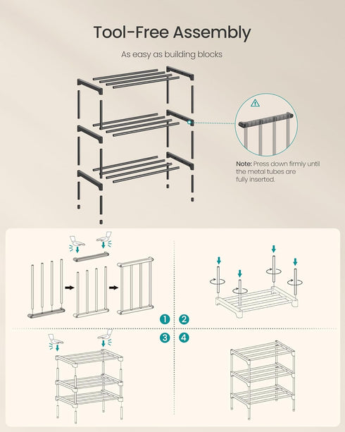 3-Tier Closet, 11.8 17.7 19.1 Inches, ULSA113BH01 SONGMICS Shoe Rack for Compact Metal Shoe Organizer Shelf