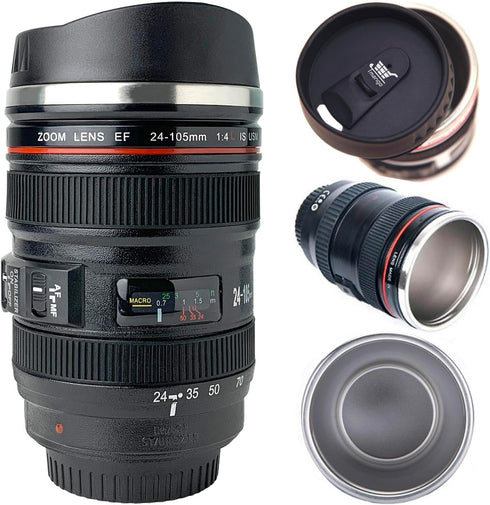 Camera Lens Coffee Mug with Slider Lid – Realistic DSLR Thermos Cup, Novelty Gift for Photographers and Coffee Lovers