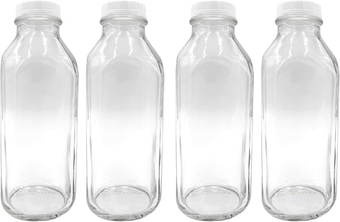 The Dairy Shoppe 1 Ltr. Glass Milk Bottle with Cap. 4 Pack Square Style 33.8