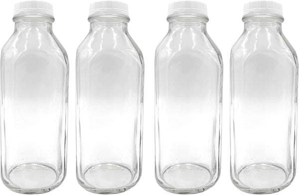 The Dairy Shoppe 1 Ltr. Glass Milk Bottle with Cap. 4 Pack Square Style 33.8