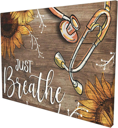 Sunator Just Breathe Canvas Wall Art, Beautiful Sunflower and Medical Stethoscope Inspirational Picture