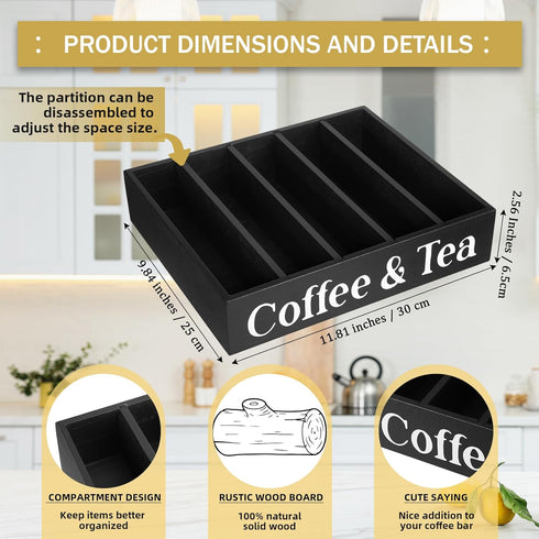 Soaoo Sugar Holder Coffee Station Condiment Organizer with 4 Removable Dividers Wooden Coffee Bar Organizer Adjustable Coffee Pod Holder Home Office Kitchen Countertop Bar Accessories