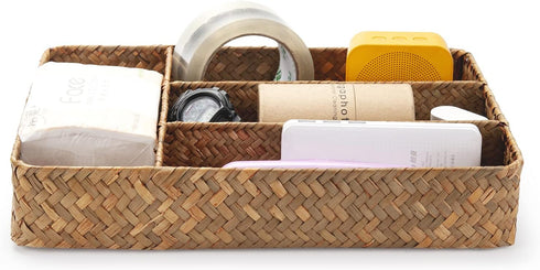 Seagrass Storage Basket with 4 Compartments, Rectangular Utensil Tray for Silverware Flatware Organization