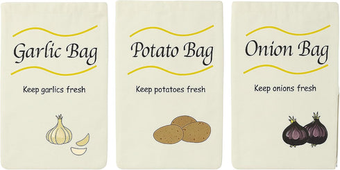 3 Pack Vegetable Storage Bags for Potatoes Onions Garlic, Drawstring with Side Zipper, Reusable Cotton Produce Bags