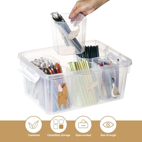 17QT 1 Pack (1 Pack) loobuu Plastic Storage Bins with Lids - Art Craft Supply Organizer Box with Brush Pot for Kids