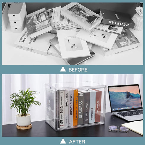 FABROK Clear Book Storage Organizer Box - Plastic Stackable Book Display Case with Magnetic Door - Assemble Storage