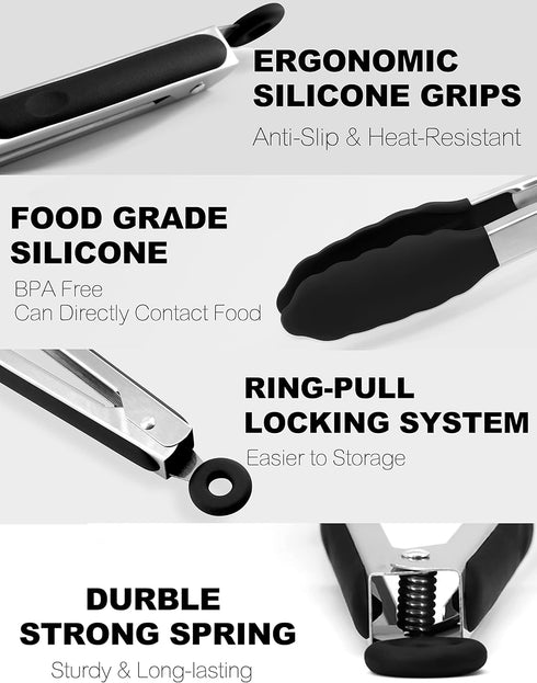 Anaeat Non-Stick Silicone Locking Tongs Set of 2 - 9" and 12" Stainless Steel Kitchen Food Tongs with Non-Slip Tips