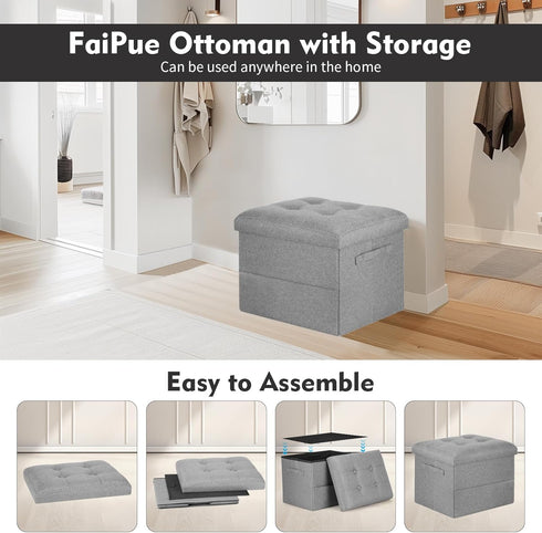 350lbs 17x13x13in, Folding Storage Ottoman, Linen Footstool Bench with Thicker Foam Padded Seat. Ottoman Foot Rest