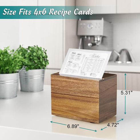 Recipe Card Box, Acacia Recipe Holder 4x6, Organizer with 50 Cards and 6 Dividers for Kitchen Countertop