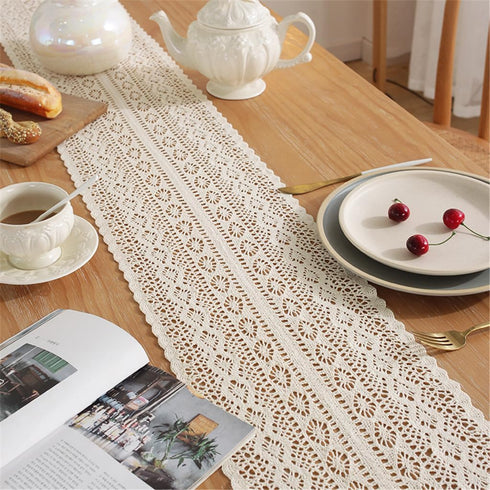 36 Inch Gemseek Boho Crochet Lace Table Runner, Vintage Beige Bohemian Short Table Runner for Coffee Table, Side End