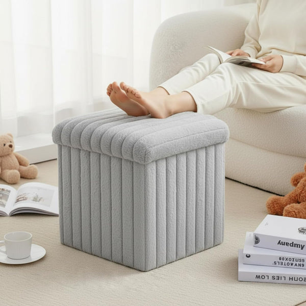 Wenqik Grey Storage Ottoman Cube, Fluffy and Furry Grey Square Foot Rest