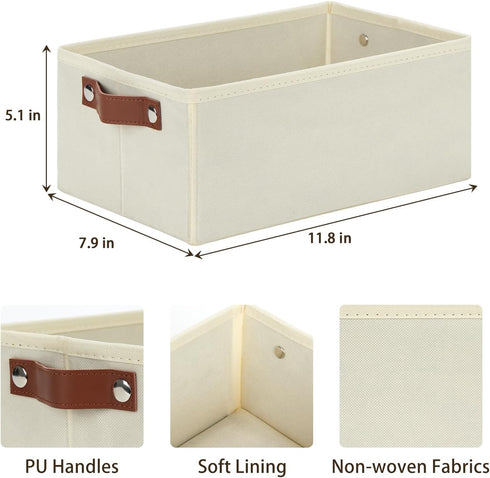 DULLEMELO Storage Bin, Fabric Storage Bin with PU Handles, Decorative Storage Basket and Organizer Bins, Collapsible Storage Bins for Toy Storage, Clothes Organizer (Light Beige,11.8L*7.9W*5.1H)