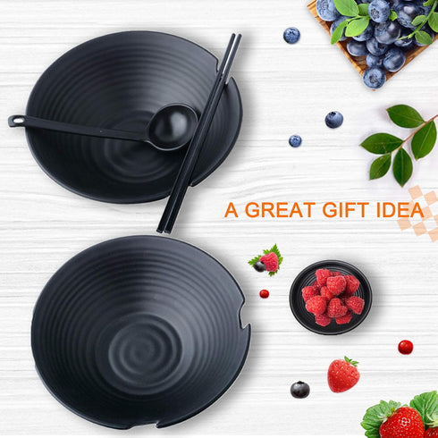 Vivimee Unbreakable Japanese Style Ramen Bowl Set of 2, 37oz Black Large Matte Melamine Bowls with Spoons & Chopsticks