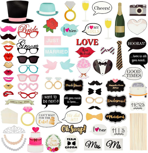 72 Pieces Wedding Photo Booth Props for Bridal Shower, Bachelorette Party, Selfies with Sticks and Stickers
