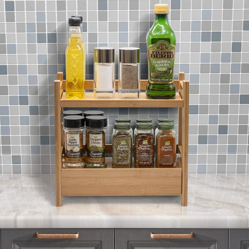 Sorbus 2-Tier Bamboo Countertop Shelf with Hidden Drawer, Makeup Organizer, Multi-Purpose Storage for Skincare