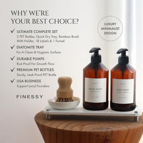 Set Counter Set FINESSY Modern Hand and Dish Soap Dispenser for Kitchen with Tray and Bamboo Brush, Kitchen Soap