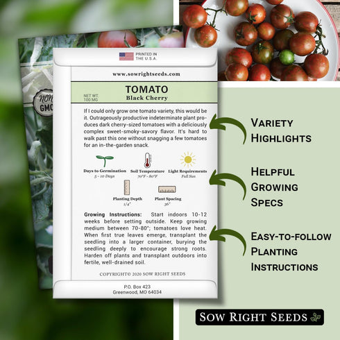 Packet (1) Sow Right Seeds - Black Cherry Tomato Seeds for Planting - Non-GMO Heirloom with Instructions to Plant a