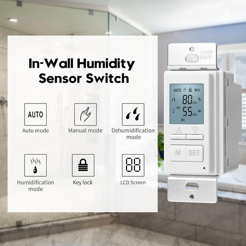 New 2024! Humidity Sensor Switch, Ortis in-Wall Bathroom Fan Control Switch with Separate Sensor, 328 ft Range