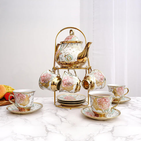 TEASFUSION 20 Set Set, Set Pieces European Vintage Ceramic Tea with Metal Cup Holder, Adult Tea Women's Afternoon Tea