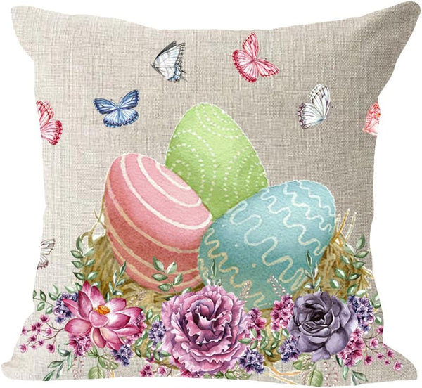 Happy Easter Colored Eggs Butterflies Cotton Linen Square Throw Pillow Case, 18"x18" Decorative Cushion Cover