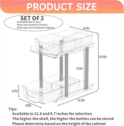 SuoXing 12.8" Tall 2 Tier Bathroom Cabinet Organizer, Set of 2 Clear Pull-Out Under Sink Organizers