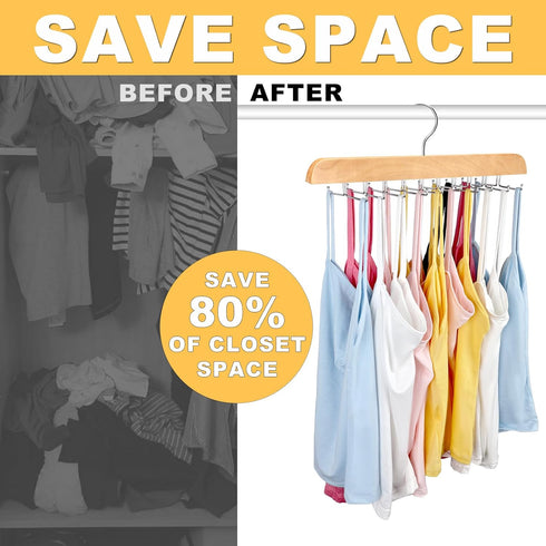 Tank Top Hanger with Premium Wood, 20 Large Capacity, Space Saving, 360 Degree Rotating Foldable Hooks
