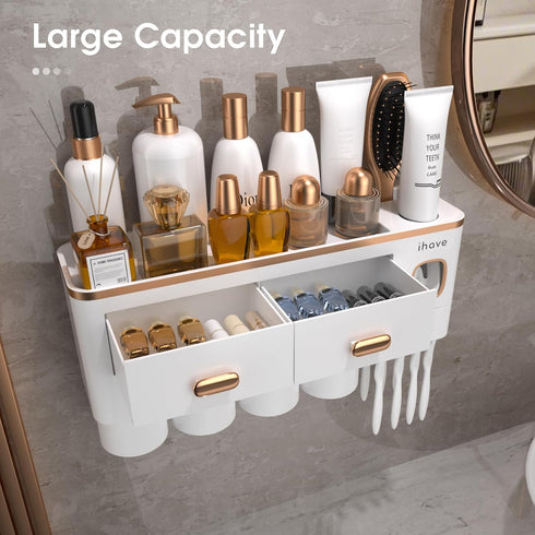 4 iHave Toothbrush Holders Wall Mounted with Toothpaste Dispenser & Cups - Premium White and Gold Design for Bathroom