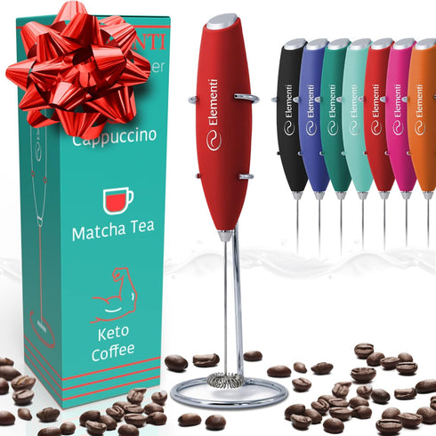 Elementi Electric Milk Frother Handheld, Matcha Whisk, Red Drink Mixer